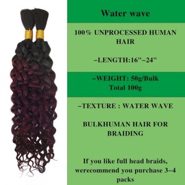 20 Inch Ombre 1b99j Burgundy Water Wave Human Braiding Hair Wet and Wavy for Braiding Bulk Human Hair Curly Extension 2 Pack/100g