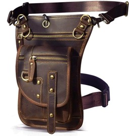 Le'aokuu Mens Genuine Leather Messenger Hiking Waist Hip Bum Pack Drop Thigh Leg Bag 2141 (2141-A Brown)
