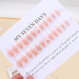 24pcs White French Tip Press on Nails Short Square Fake Nails Rhinestones Full Cover Tip Glitter Stick on Nails Pink Flower Bow Designs Glue on Nails Cute False Nails for Women Girls Acrylic Nails