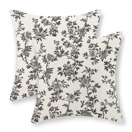 JEFERSO Black Floral Pillow Covers 18x18 Set of 2 Black and Cream Chinoiserie Floral Decorative Throw Pillows Vintage Rustic Toile Flower Pillowcase Outdoor Decor Linen Cushion Cover for Couch Sofa