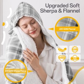 Wearable Electric Blanket Heated Throw, 50" x 60" Fast Heating Wrap Poncho Shawl with Hood & Pockets, 6 Heat Levels & 12 Hours Auto Shut-Off, Machine Washable, ETL & FCC Certified, Grey Plaid