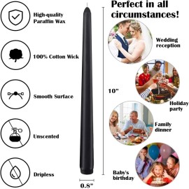 Aamdkcyu 14-Pack 10-Inch Black Taper Candles | Unscented & Dripless | 7.5-Hour Burn fo...