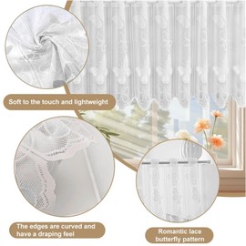 VAIGU:OA Net Curtain, Bistro Curtain, Semi-Transparent Curtains, Jacquard Curtain with Butterfly, Short Curtains, White with Eyelets, Short Kitchen Curtains with Curved Edge, W x H 150 x 40 cm, Pack