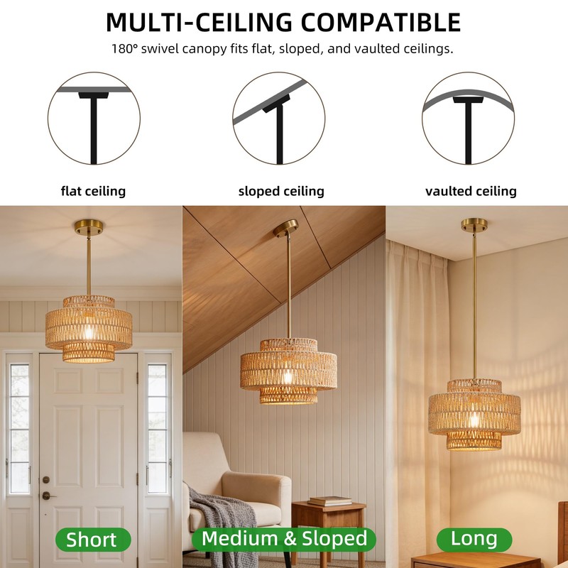 Phaosio 12.4" Boho Rattan Chandelier Hand Woven Rattan Pendant Light