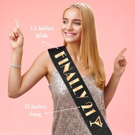 PartyForever 21st Birthday Decoration Sash for Women Black 32 inch Long Sash with Rose Gold "Finally 21" Letters for Her