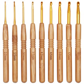 Coopay 9-Piece Crochet Hook Set, Ergonomic Crochet Hooks with Non-Slip Bamboo Handle and Smooth Golden Aluminium Hook Head, 2.0-6.0 mm, Lightweight Crochet Hooks for Arthritic Hands, Beginners and