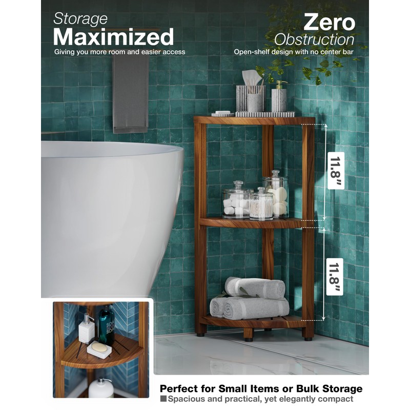 BLUEWEST 3-Tier Corner Shower Caddy Stand, Wood Shower Organizer Standing