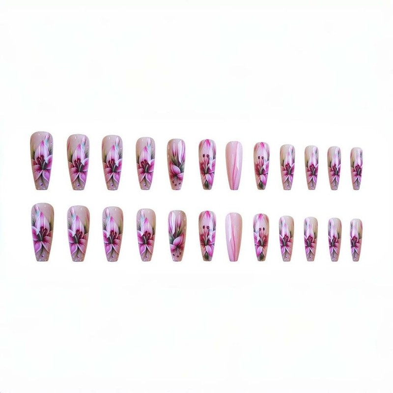 Coffin Press On Nails Long Pink False Nails With Flower