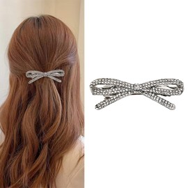 Rhinestone Bow Hair Barrettes for Women Girls Sparkling Glittering Bow-Knot French Barrettes Silver Crystal Hair Clips Hairpins Hair Pin Ponytail Holders Bling Metal Hair Bow Clips Accessories