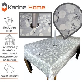 Karina Home Outdoor Garden Tablecloth with Parasol Umbrella Hole Grey Floral Leaf Wipe Clean 200cm x 140cm