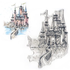 ALIBBON Castle Background Clear Stamps for Card Making and Photo Album Decorations, Vintage House Clear Stamps, Mountain Lake Transparent Silicone Rubber Stamps for Card Making and DIY Scrapbooking