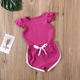 Toddler Baby Girls Summer Knit Outfits Set Ruffle Tops Shirt + Shorts Pants 2Pcs Clothes (Red, 2-3 Years)