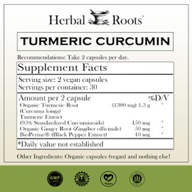 Herbal Roots Herbal Roots - Turmeric Curcumin Capsules - Extra Strength - 1000mg Pure Organic Turmeric Supplement, 95% Standardized Curcumin Extract with BioPerine Pepper and Ginger