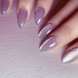 SXVME Cat Eye Light Purple Press On Nails Short Almond Shaped - 30 Pcs Stiletto Short Fake Nails Acrylic Press ons Natural Thick Gel Opaque Glitter Glue on Nails for Women