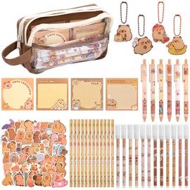 Capybara Stationery Set, Large Capacity Pencil Case with Keychains, Stickers, HB Pencils, Sticky Notes, Ballpoint Pens Cute Capybara Gifts for Kids Students School Office Home