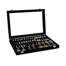 Wudygirl Earring Organizer Tray Jewelry Organizer 32 Pairs Earring Box Organizer Black Velvet Jewelry Display Case with Transparent Lid(Black Earring Storage)