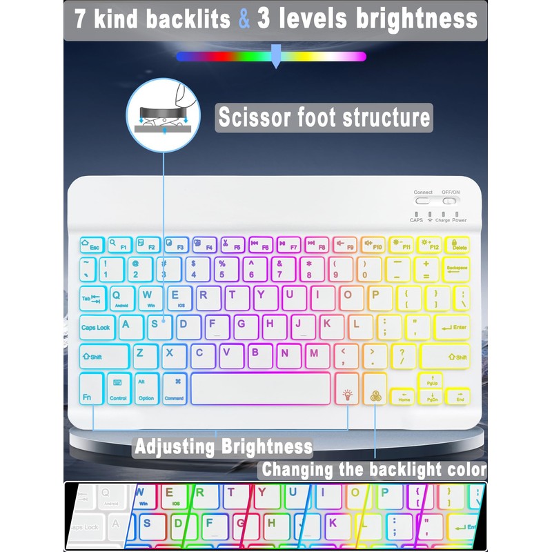 XCHYTECHER Universal Tablet Keyboard Case for 9.7",10.1",10.2",10.5",10.9",11" Tablets,7 Color Rainbow