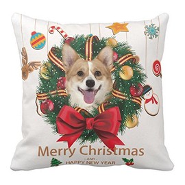 Decorbox MerryクリスマスLovely Corgiパターン18 x 18インチコットンポリエステルSquare Throw Pillow Case Decorative耐久性クッションホーム装飾ソファ標準サイズアクセント枕カバースリップカバーEncasement