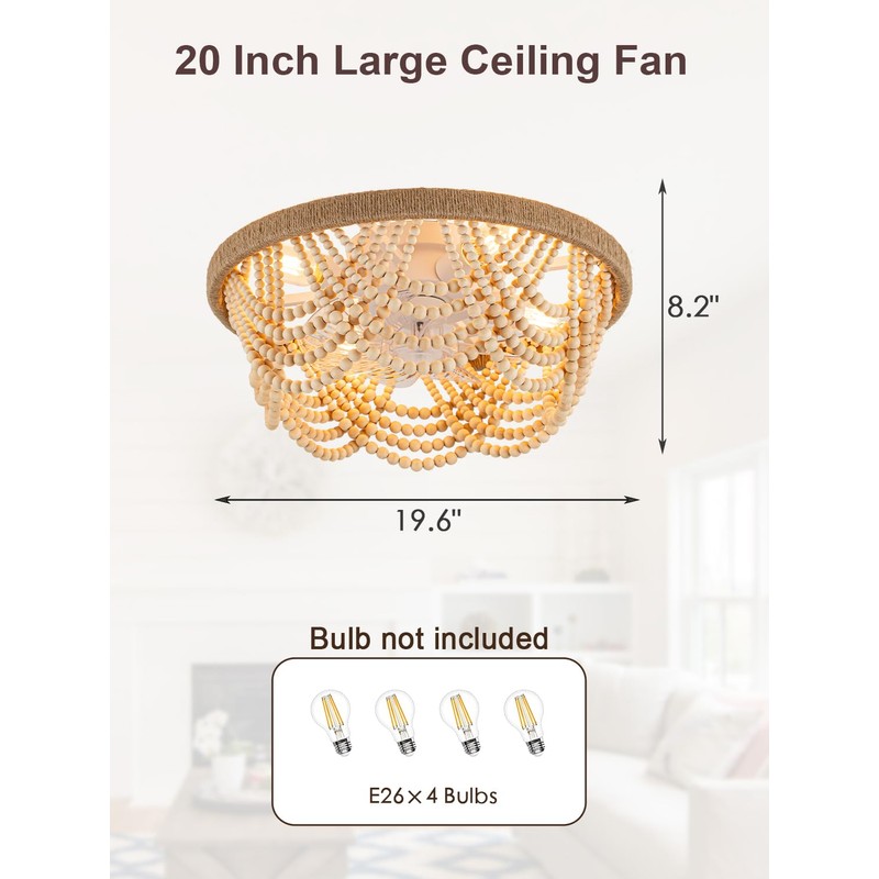 20" Boho Ceiling Fan with Light, Wood Beads Flush Mount