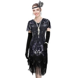Women 1920S V Neck Sequined Beaded Gatsby Flapper Dress with 20s Accessories Set (XXL, Style Flora 2 Black)
