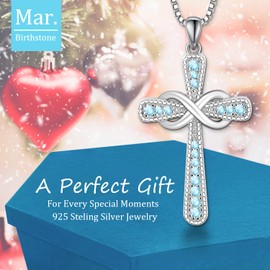 FULULAY Infinity Cross Necklace For Women,925 Sterling Silver With Created Sapphire/Ruby/Emerald/Amethyst/Garnet/Aquamarine/Cubic Zirconia/Crystal March Birthstone Pendant