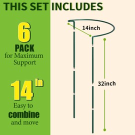 6-Pack Garden Plant Support Cages,14"Diax32"H Heavy Duty Interlinked Half Round Peony Support Rings,Metal Plant Support Stakes for Peony,Tomato,Hydrangea,Rose,Indoor & Outdoor Garden Plant Supports