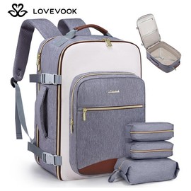LOVEVOOK Colorblock Carry-On Travel Backpack with 3 Packing Cubes and Laptop Compartment - Personal Item,TSA-Friendly, Airline Approved Travel Bag for Hiking, Overnight, Weekend,Gift for Valentine's Day:_Grey-beige-brown_40L
