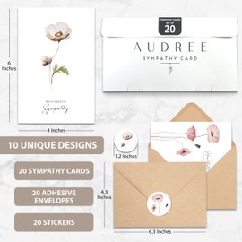 AUDREE 50 Pcs Sympathy Cards with Envelopes (4"x6") - Bulk Condolence Cards with Thoughtful Messages with Adhesive Envelopes and Stickers - Sympathy Cards Single Flower Watercolor