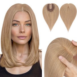 Hairro Human Hair Topper, Clips in 100% Real Hairpieces with 4"x 4.7" Silk Base for Women, for High Hairline/Covering Greyish Thin Hair on Top, 14 Inch Medium Blonde