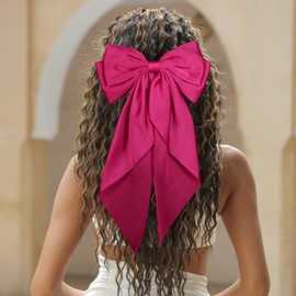 Large Hair Bow, Silky Satin Bowknot Hair Clip, Oversized Long Tail Hair Ribbon Barrette for Women Girls Ponytail Hair Accessories, Rose Red