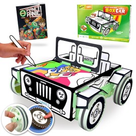 JUNKO Create Your Own Box Car - The Pack Turns Into A Toy Car with Rubber-Band Power - Fun To Build & Colour In - ReUse for Junk Modelling Projects - Kids Craft Kit/STEM Kit for kids aged 6+