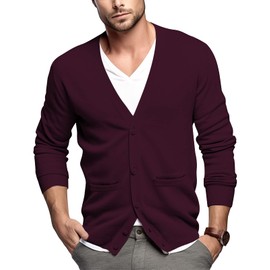 QUALFORT Men's 100% Cotton Cardigan Sweater Casual V-Neck Button Down Knitted Outerwear with Pockets, Burgundy, Large