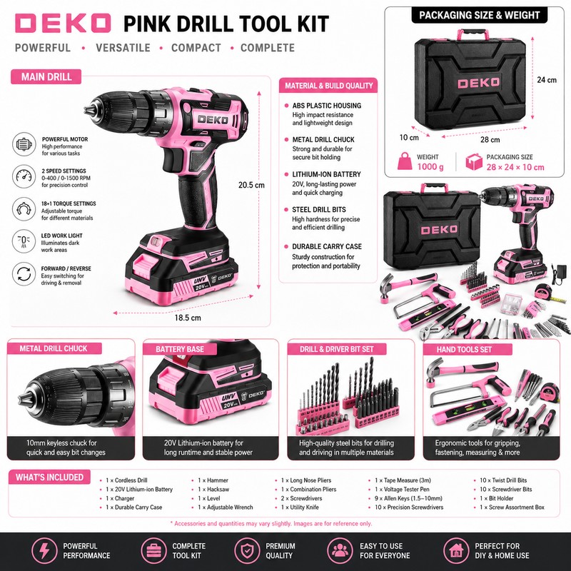 20V Pink Cordless Drill Tool Kit for DIY Repairs –