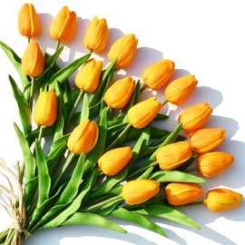ONLY ART 20pcs Orange Artificial Tulip Flowers with Soft Latex Materials for Home & Kitchen Decoration New Year Spring