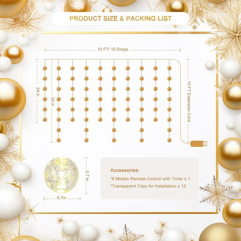 Patioman Ball Curtain Lights, Warm White Window Light 70 Balls
