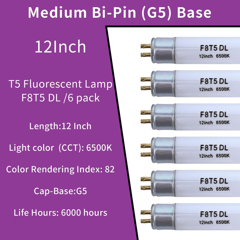 Accway (6 pack) F8T5/DL 6500K 12’’ Linear Fluorescent Light Bulb,