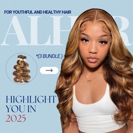 ALHER Honey Blonde Highlight Bundles with 2x6 Lace Closure 20 22 24+18 Inch Long Deep Part, Body Wave 4/27 Highlight Ombre Brown Colored Bundles with 2x6 Kim K Lace Closure, 100% Remy Human Hair Weft