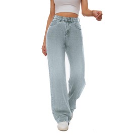 KICZOY Women High Waist Wide Leg Jeans Boyfriends Stretch Long Trousers Denim Pants Retro Blue