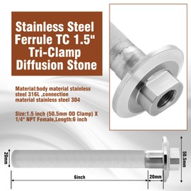 MorningRo 1.5" Tri Clamp Diffusion Stone with 1/4" Npt Co2 Inlet, 2 Micrometer Aeration, Tri Clamp Fitting Micro Bubble Diffuser Stone for Beer Brewing, 6" Length, 1/4" Female NPT