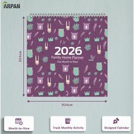 Arpan 2026 Family Home Planner Wall Calendar. Month-to-View Family Organiser with 5 Columns. Runs from 1st Jan' 2026 to 31st Dec' 2026. Academic mid-Year or School Planner, Owl Art