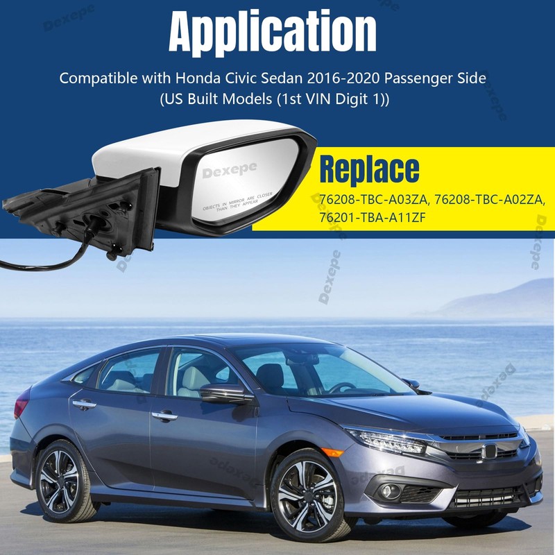 Passenger Side Mirror Assembly 2016-2021 Compatible with Honda Civic Sedan