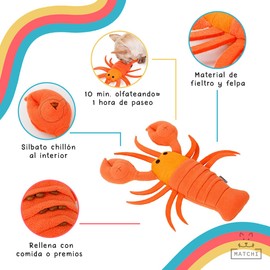 MATCHI Juguete Interactivo de Peluche en Forma de Langosta: Juguetes para Perro de Estimulación de Olfato y Entrenamiento de IQ para Perros y Gatos, Espacio para Premios para Perro, Peluche Olfativo con Silbato Chillón