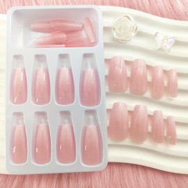 Pink Press on Nails Medium Coffin Fake Nails Press ons with Gradient Designs Simle Glue on Nails Medium Length Acrylic False Nails Full Cover Stick on Nails for Women 24 Pcs