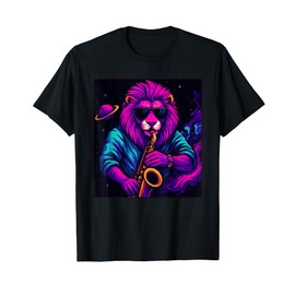 Lion Playing Saxophone Outer Space Vaporwave Jazz Galaxy T-Shirt
