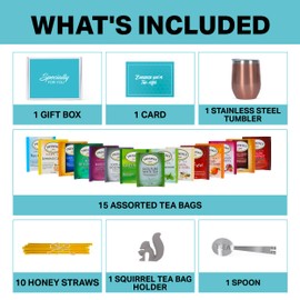 Modern Elegance Tea Tumbler Gift Set – Includes Tea Bag Holder, Spoon, Honey Straw, 15 Assorted Flavor Blends & Hot & Cold 12oz Insulated Tumbler – Ideal for Holiday Gift for Tea Lovers – Rose Gold