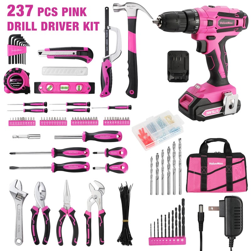 ValueMax Home Tool Kit with Cordless Lithium-ion Drill, 237-Piece Pink