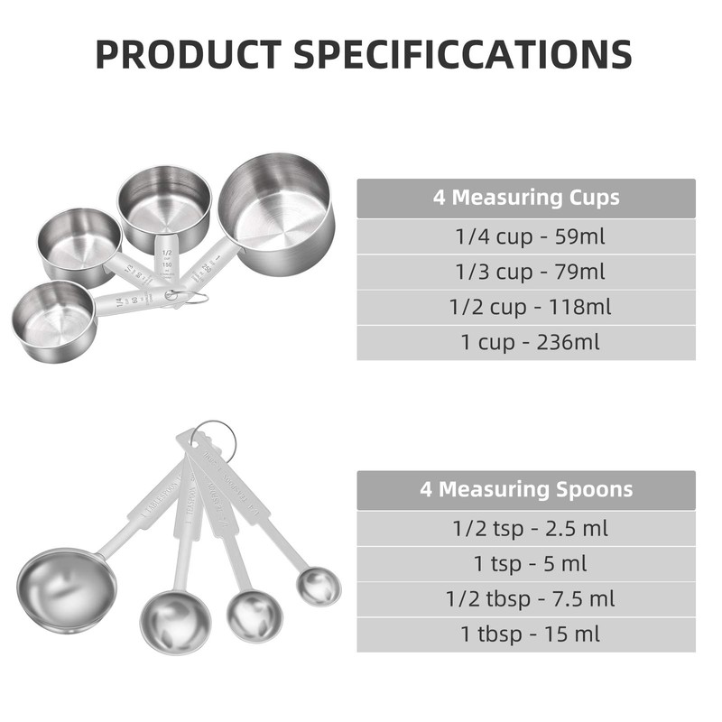 8 Piece Measuring Cup and Spoon Set - Stainless Steel