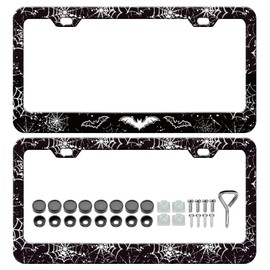 Bat Spider Web License Plate Frames - 2 Pack Front Rear Goth Gothic License Plates Holder Covers, Aluminum Metal Rust-Proof Waterproof Car Tag Frame with Screws Fasteners Caps