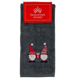 Christmas Gnomes Towel Set: Grey Hand Towels with Red White Embroidery Jolly Nordic Gnome