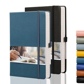 EMSHOI Thick Lined Journal Notebook, A5 Hardcover Leather Journal with 384 Numbered Pages for Writing,100gsm Lined Paper, for Women Men Work Office School,14.5 x 21cm - Black LightBlue